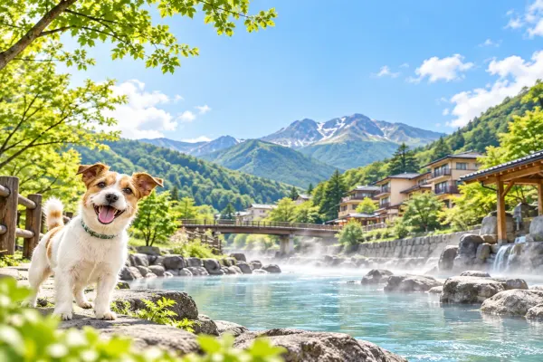 湯けむりの上がる川辺と犬のイラスト(イメージ) 湯けむりの上がる川辺と犬のイラスト(イメージ)