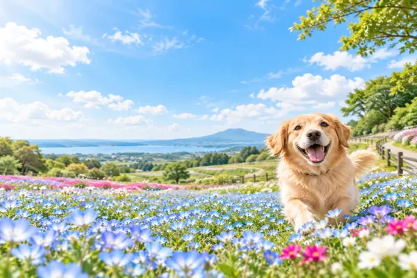 青い花畑の中の犬のイラスト(イメージ) 青い花畑の中の犬のイラスト(イメージ)