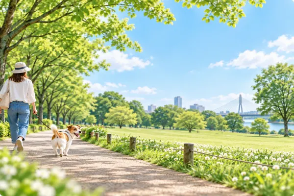 公園の小道を犬と散歩する人のイラスト(イメージ) 公園の小道を犬と散歩する人のイラスト(イメージ)