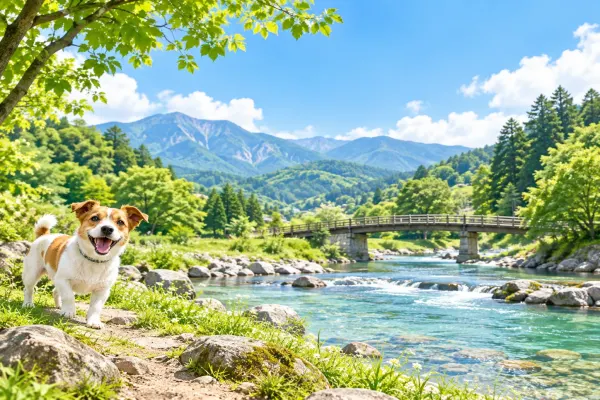 山と川を背にした犬のイラスト(イメージ) 山と川を背にした犬のイラスト(イメージ)