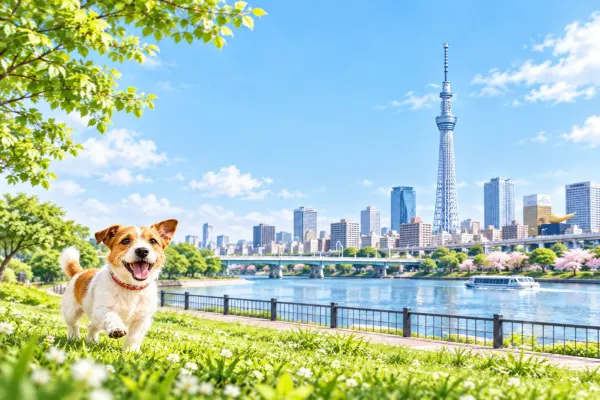 川と電波塔が見える芝生と犬のイラスト(イメージ) 川と電波塔が見える芝生と犬のイラスト(イメージ)